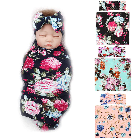 BQUBO Newborn Floral Receiving Blankets 3 Sets Newborn Baby Swaddling with Bow Headbands Sleepsack Toddler Warm Shower Gift