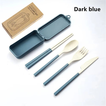 4Pcs Portable Tableware Set Wheat Straw Dinnerware Detachable Cutlery Travel Tableware Picnic Dinnerware Set Camping Cutlery Set