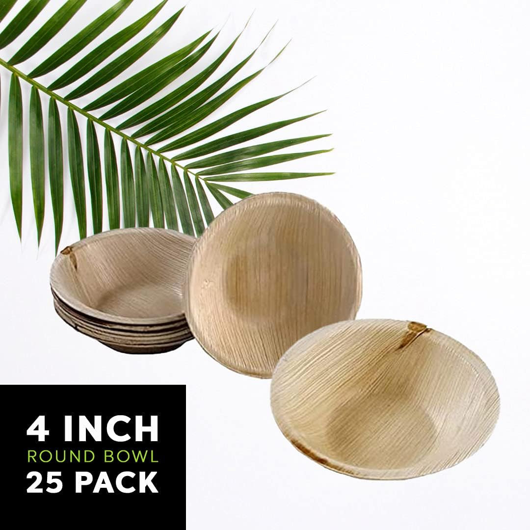 Palm Plates - 4" round Bowl (25Pcs) - Natural Plate | like Bamboo Plate | Party Plate| Compostable, Biodegradable | Disposable Plate