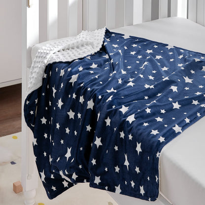 Silky Micro Soft Plush Baby Blankets Unisex with Print Star Pattern and Soothing Raised Dots, Double Layer Bed Throws for Toddler Cot, Star, Navy, 50X60 Inches