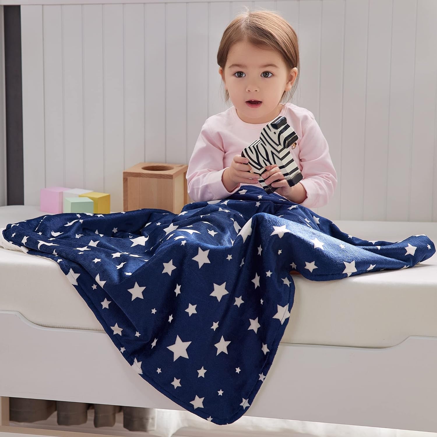 Silky Micro Soft Plush Baby Blankets Unisex with Print Star Pattern and Soothing Raised Dots, Double Layer Bed Throws for Toddler Cot, Star, Navy, 50X60 Inches