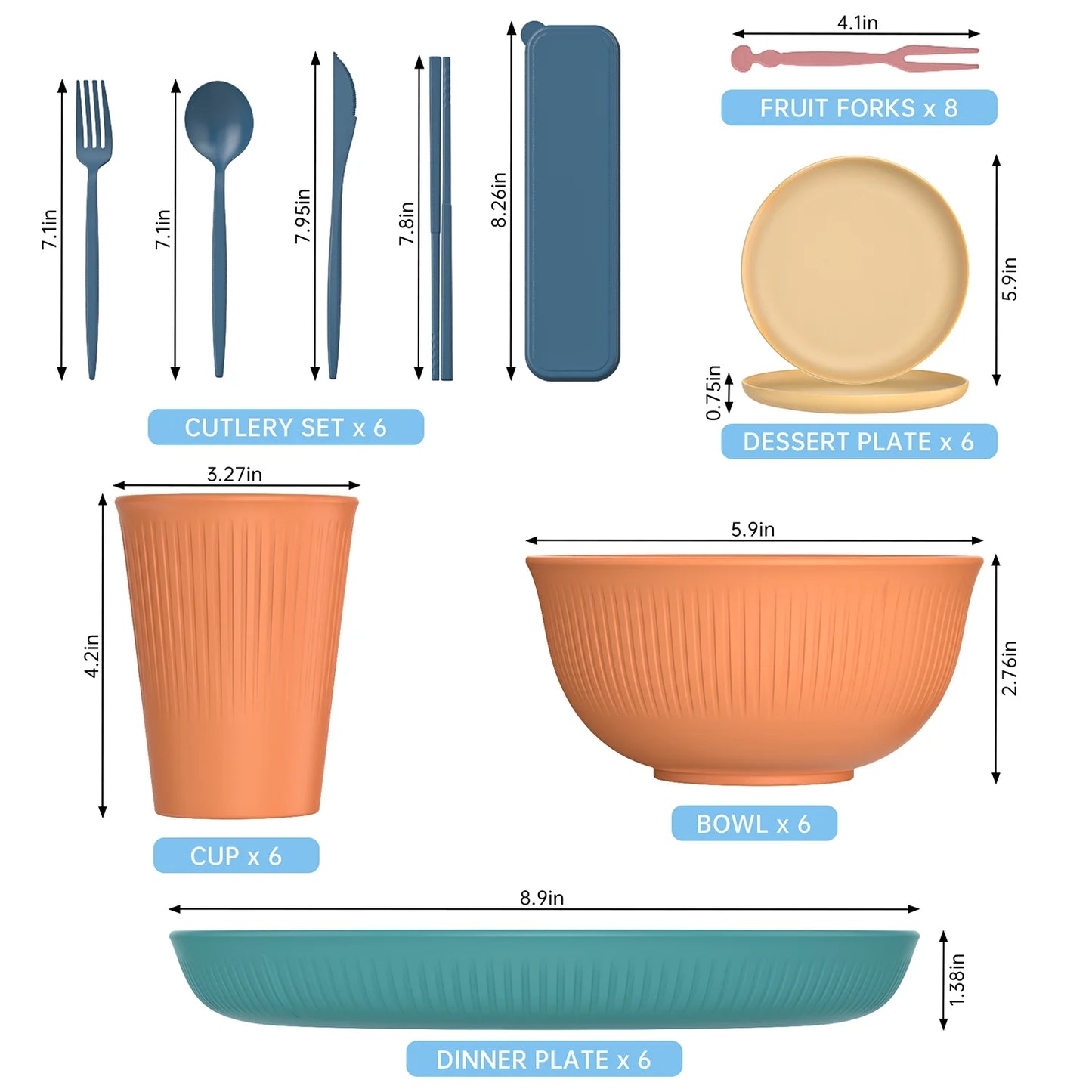 68 Pcs Wheat Straw Dinnerware Sets for 6, Unbreakable Dinnerware Sets, Reusable Wheat Straw Plates and Bowls Sets, Travel Camping Cutlery Set, Dishwasher Microwave Safe Dinnerware, Colourful