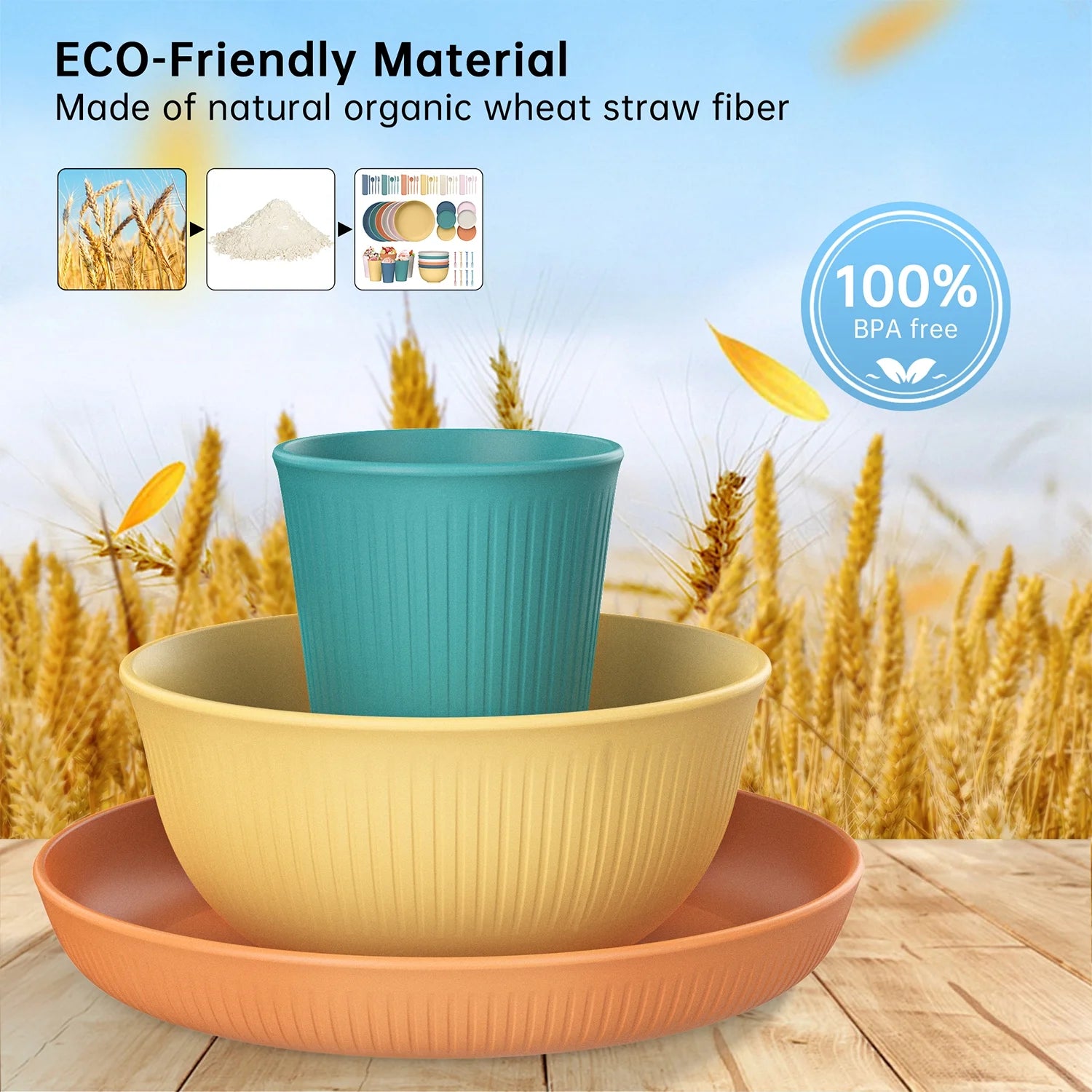 68 Pcs Wheat Straw Dinnerware Sets for 6, Unbreakable Dinnerware Sets, Reusable Wheat Straw Plates and Bowls Sets, Travel Camping Cutlery Set, Dishwasher Microwave Safe Dinnerware, Colourful