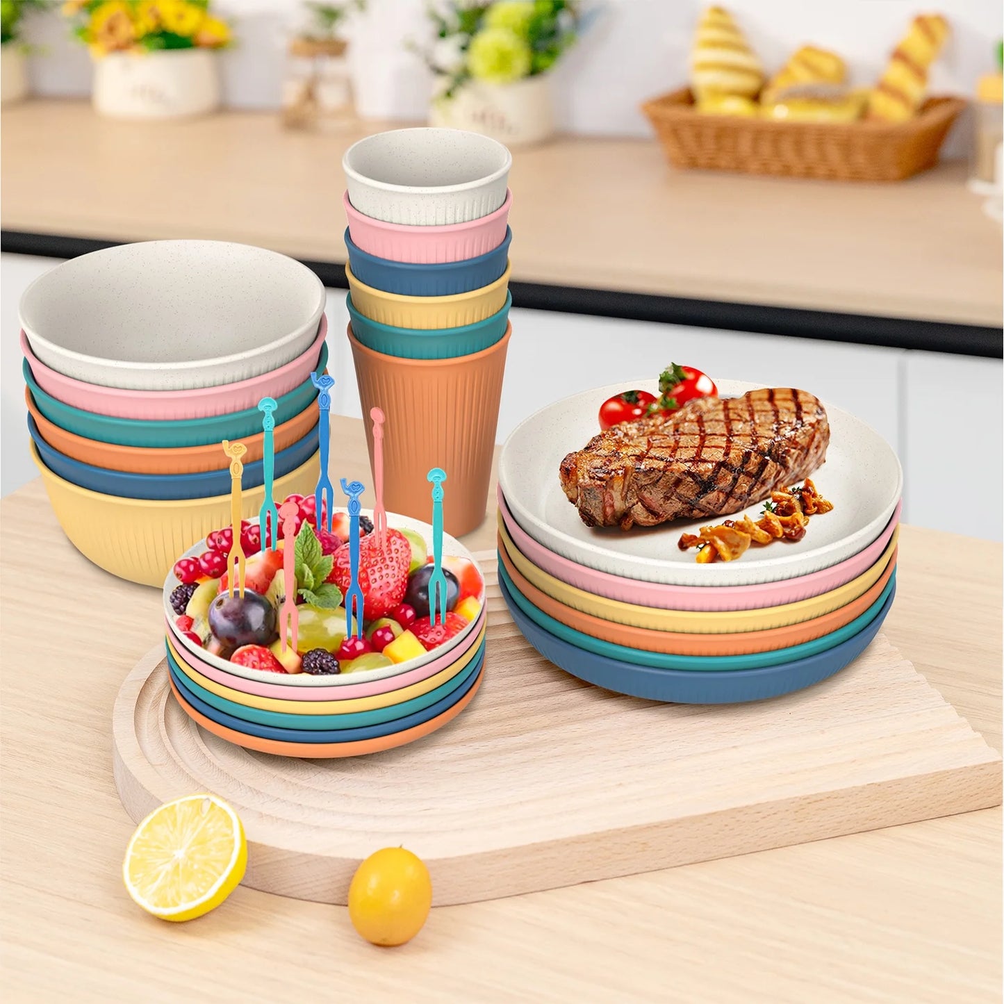 68 Pcs Wheat Straw Dinnerware Sets for 6, Unbreakable Dinnerware Sets, Reusable Wheat Straw Plates and Bowls Sets, Travel Camping Cutlery Set, Dishwasher Microwave Safe Dinnerware, Colourful