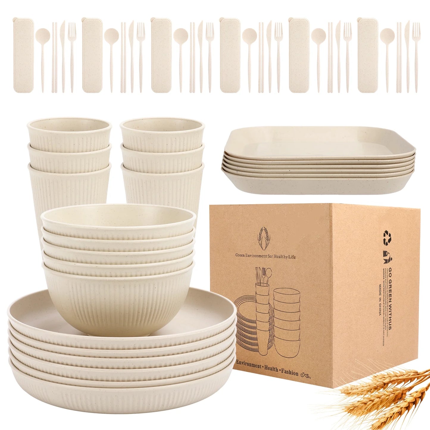 54 PCS Wheat Straw Dinnerware Sets, Unbreakable Dinnerware Set - Eco Friendly Kitchen Cups Plates and Bowls Sets for RV Outdoor Camping, Dishwasher Microwave Safe, Service for 6