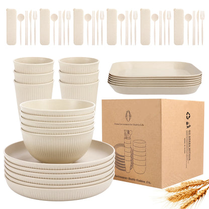 54 PCS Wheat Straw Dinnerware Sets, Unbreakable Dinnerware Set - Eco Friendly Kitchen Cups Plates and Bowls Sets for RV Outdoor Camping, Dishwasher Microwave Safe, Service for 6