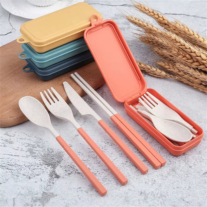 4Pcs Portable Tableware Set Wheat Straw Dinnerware Detachable Cutlery Travel Tableware Picnic Dinnerware Set Camping Cutlery Set