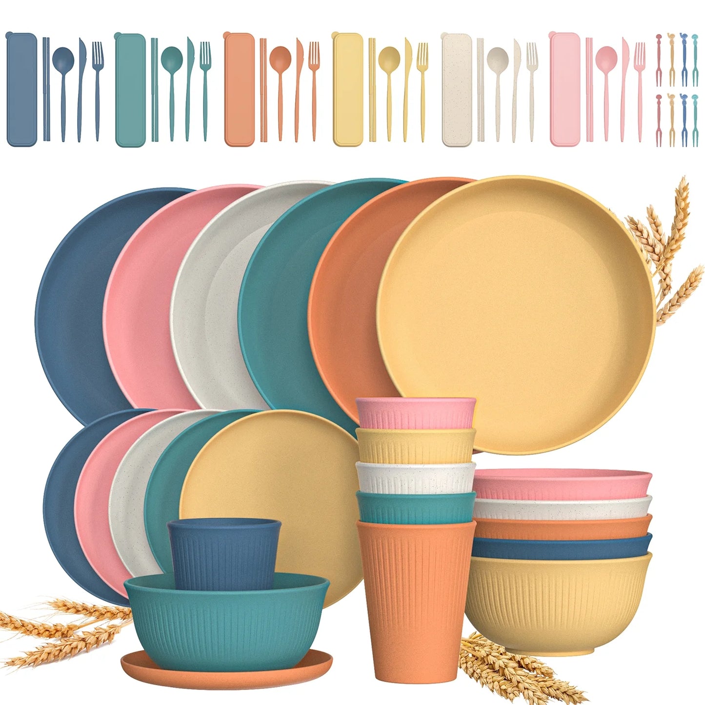 68 Pcs Wheat Straw Dinnerware Sets for 6, Unbreakable Dinnerware Sets, Reusable Wheat Straw Plates and Bowls Sets, Travel Camping Cutlery Set, Dishwasher Microwave Safe Dinnerware, Colourful