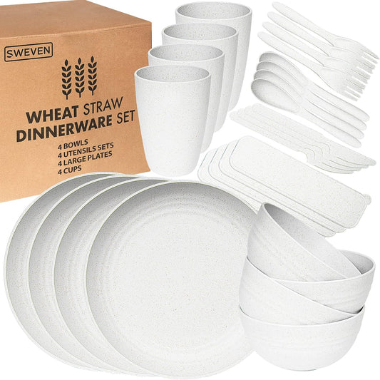 Wheat Straw Dinnerware Sets | Unbreakable Dinnerware Sets | Dishwasher Microwave Safe Dinnerware | Eco Friendly Non Breakable Dinnerware Sets | RV Outdoor Camping (White, Service for 4 (28 Pcs))