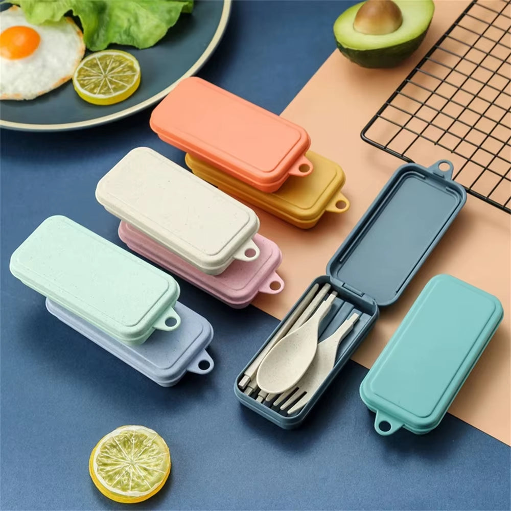 4Pcs Portable Tableware Set Wheat Straw Dinnerware Detachable Cutlery Travel Tableware Picnic Dinnerware Set Camping Cutlery Set